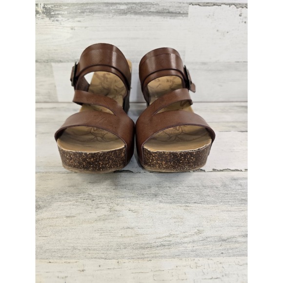 Blowfish Malibu Shoes - Blowfish Malibu Womens Brown Faux Leather Strappy Buckle Cork Wedge Sandals